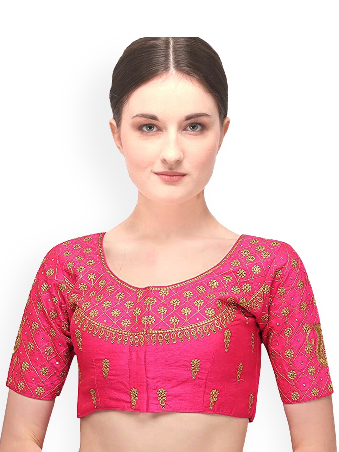 

Sumaira Tex Women Pink & Gold-Coloured Embroidered Saree Blouse