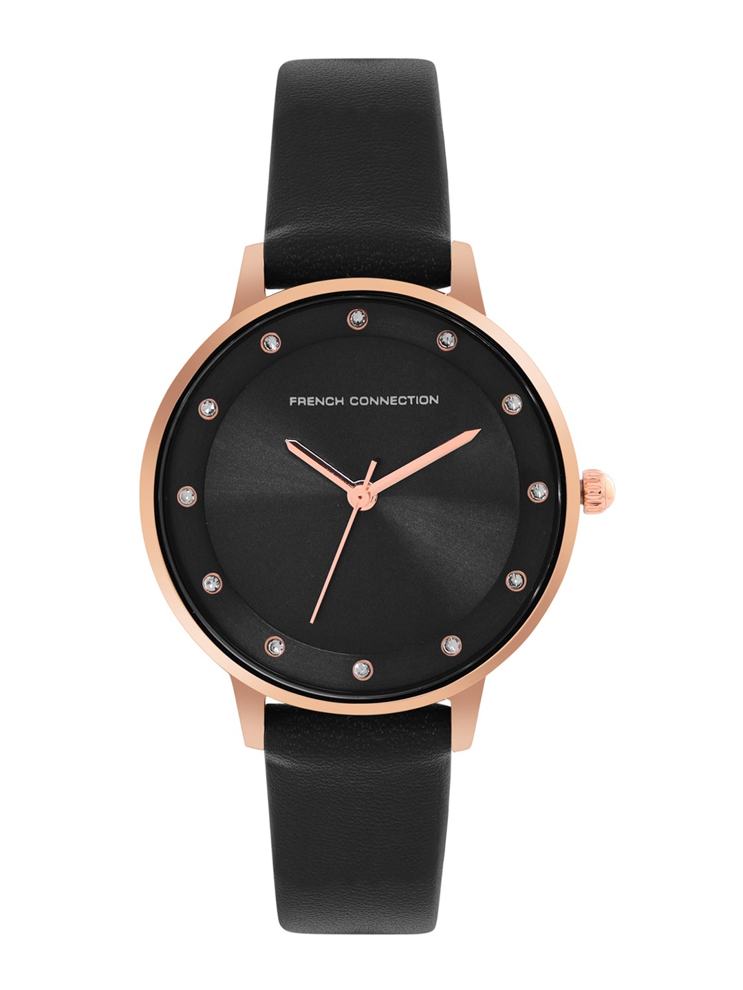 

French Connection Women Black Embellished Dial & Black Leather Straps Analogue Watch