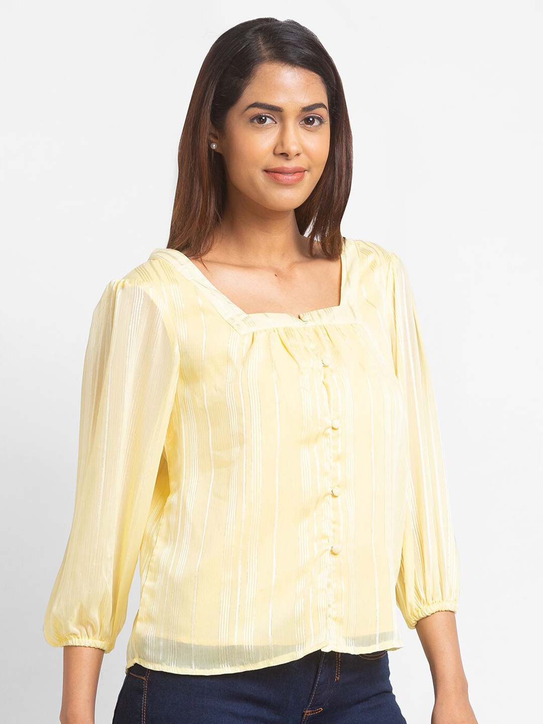

Globus Yellow Striped Georgette Blouson Top