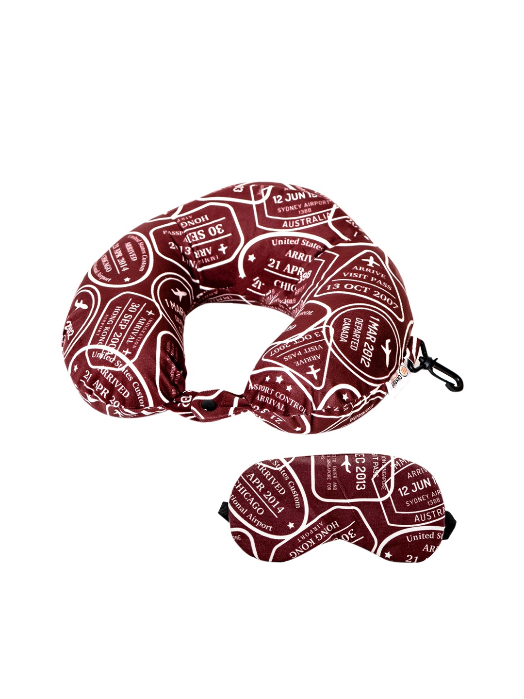 

Destinio Maroon Printed Travel Neck Pillow With Eyemask Set