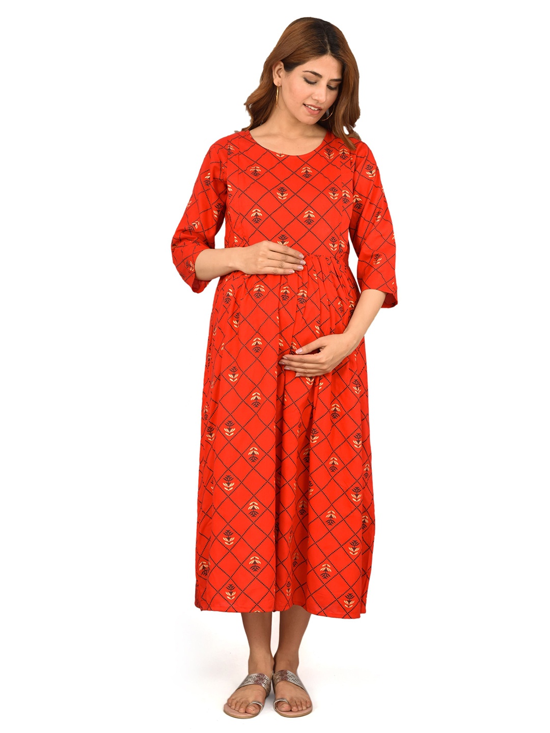 

KALINI Red Floral Maternity Midi Dress