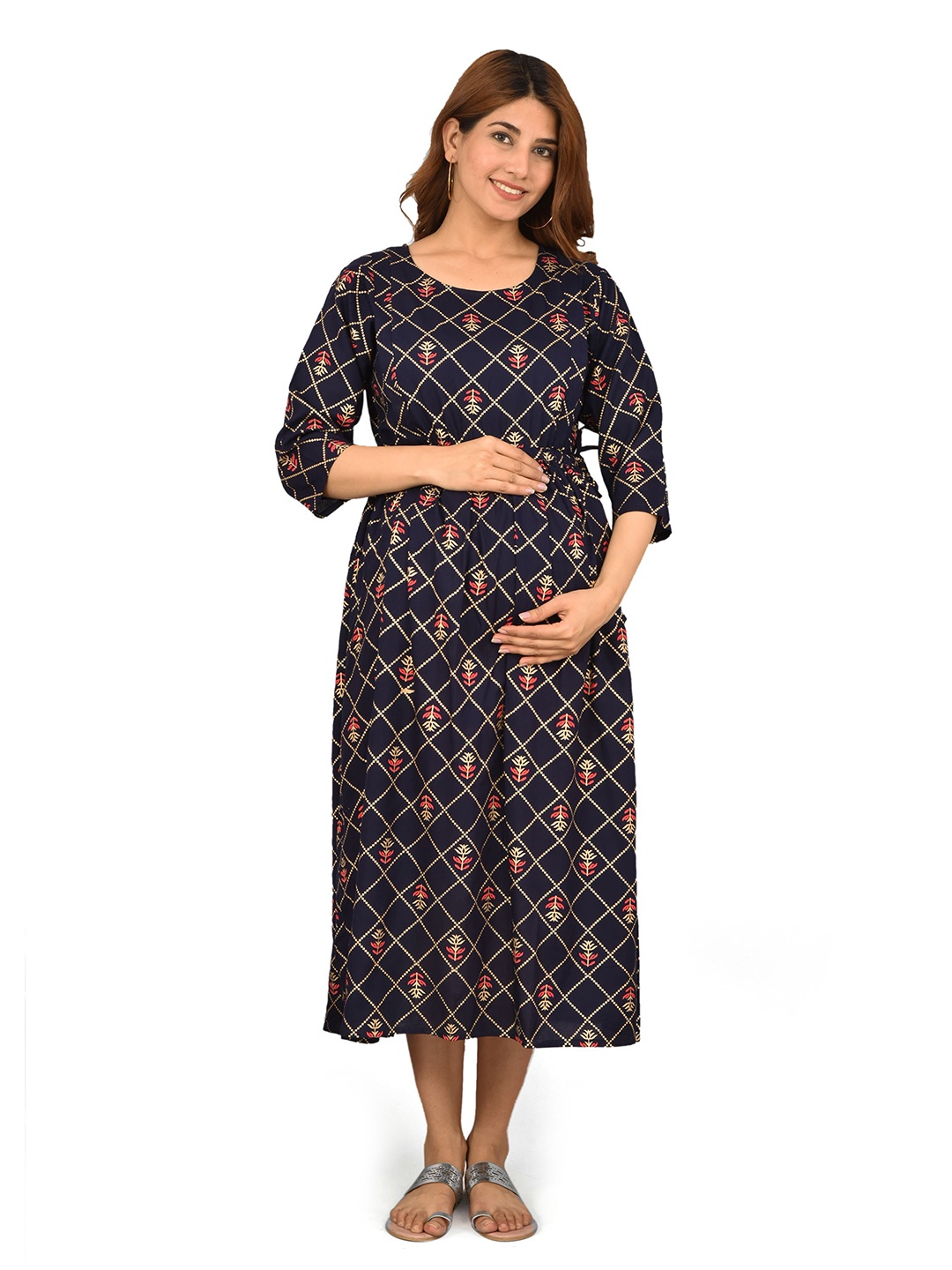 

KALINI Women Navy Blue Maternity A-Line Midi Dress