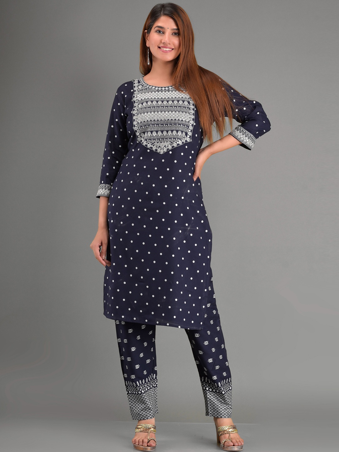 

KALINI Women Navy Blue Ethnic Motifs Thread Work Kurta with Trousers & With Dupatta