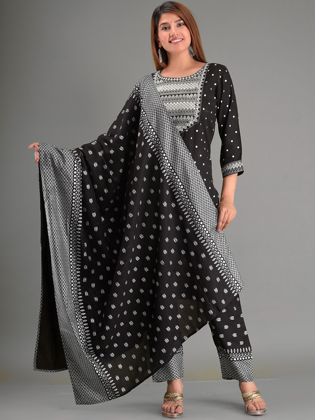 

KALINI Women Black Ethnic Motifs Printed Angrakha Thread Work Kurti with Salwar & With Dupatta