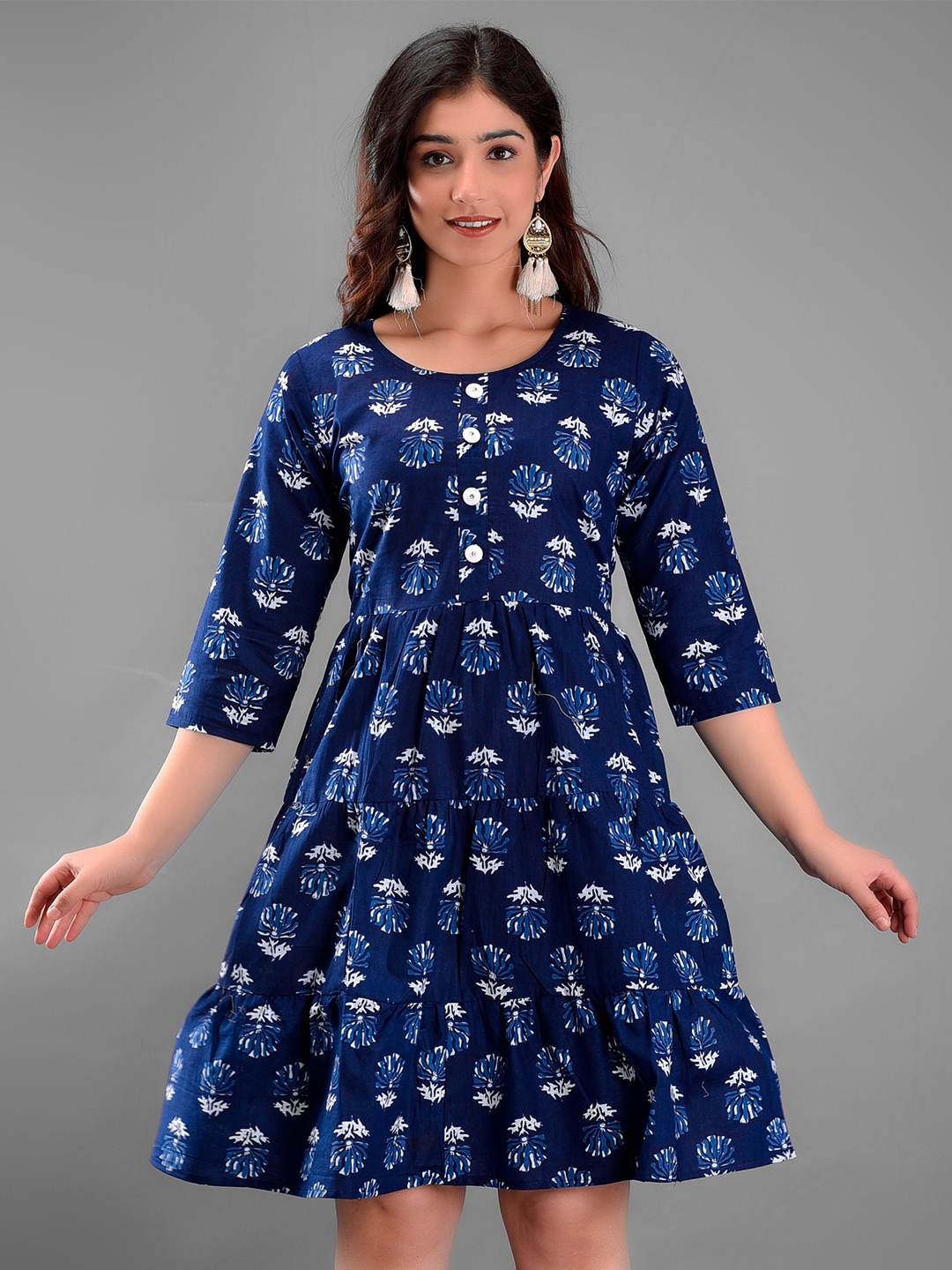 

Women Cotton Printed Short Dress, Navy blue