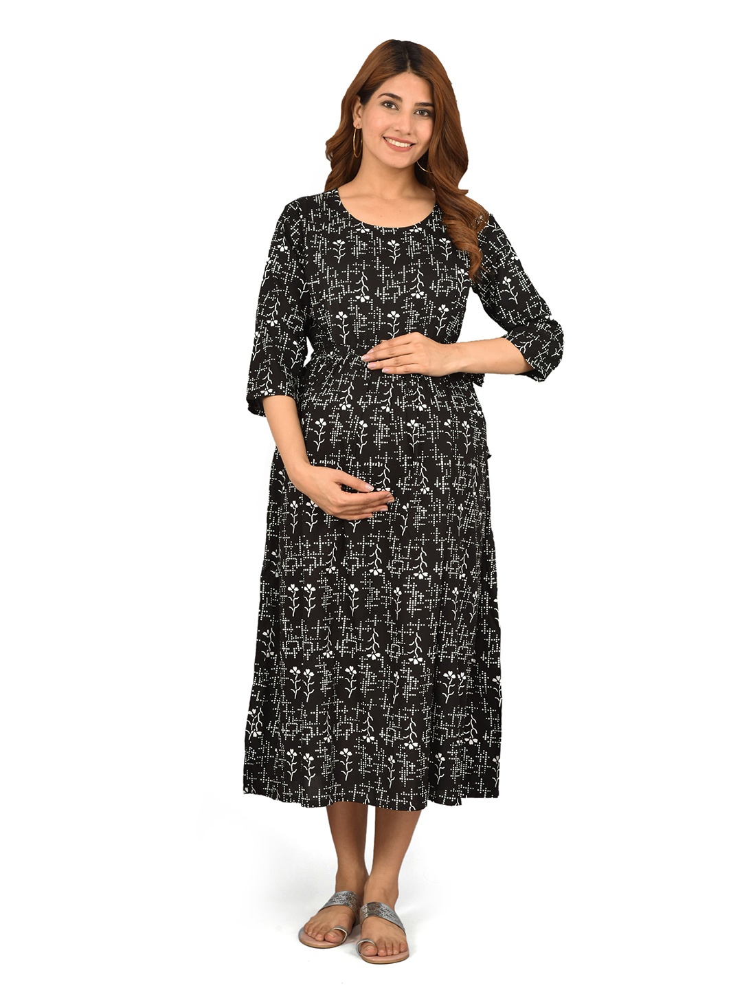 

KALINI Women Black Floral Maternity A-Line Midi Dress