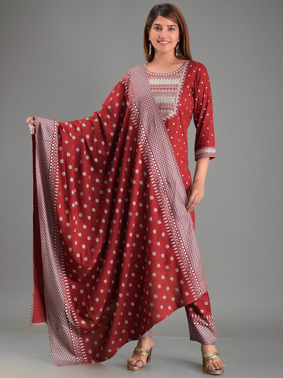 

KALINI Women Maroon Ethnic Motifs Printed Thread Work Kurta with Trousers & Dupatta