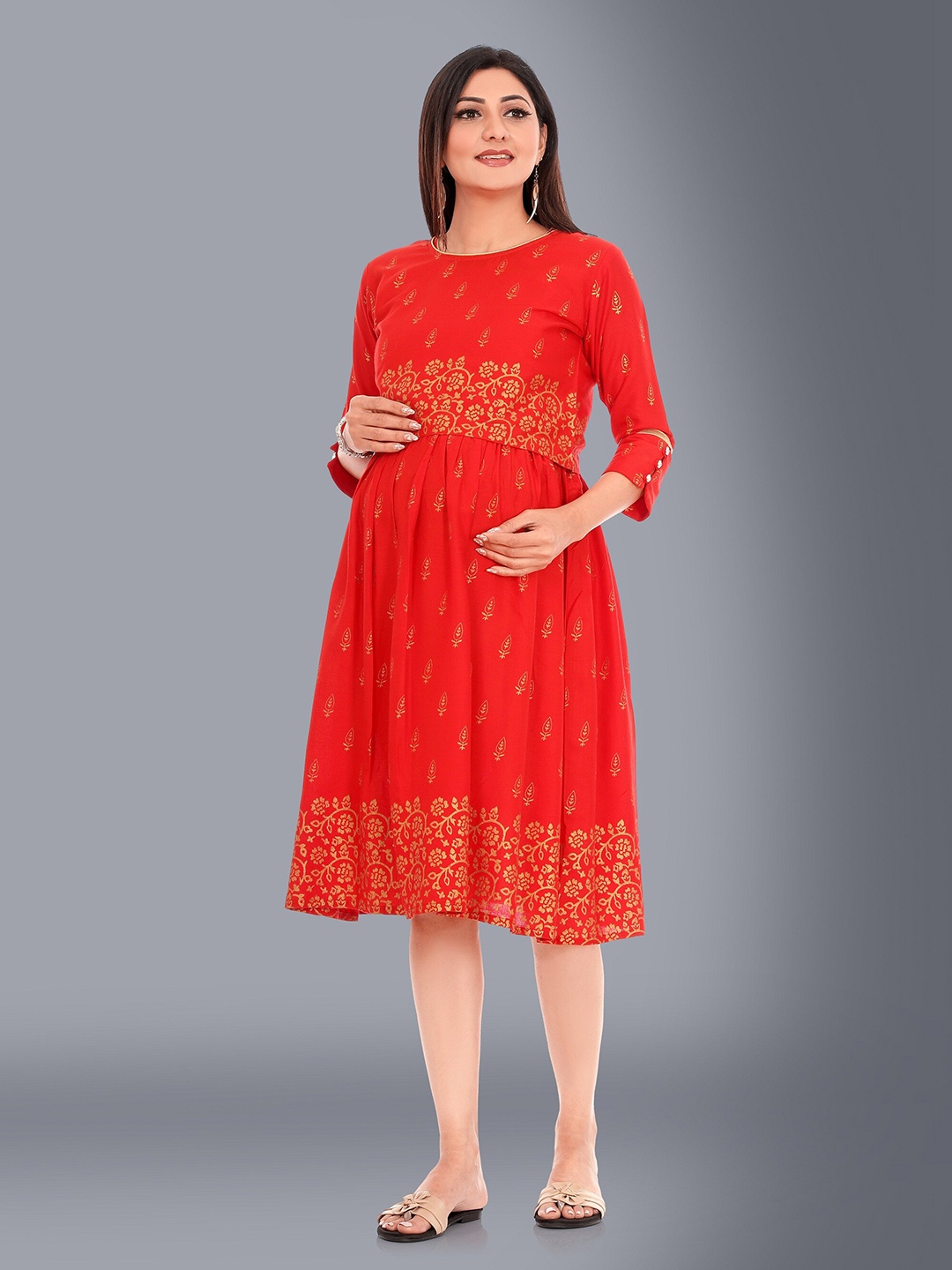 

Ayukti Red Ethnic Motifs Printed Maternity Feeding Midi Dress