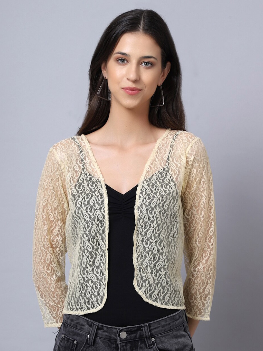 

Rute Women Beige Self-Design Sheer Shrug