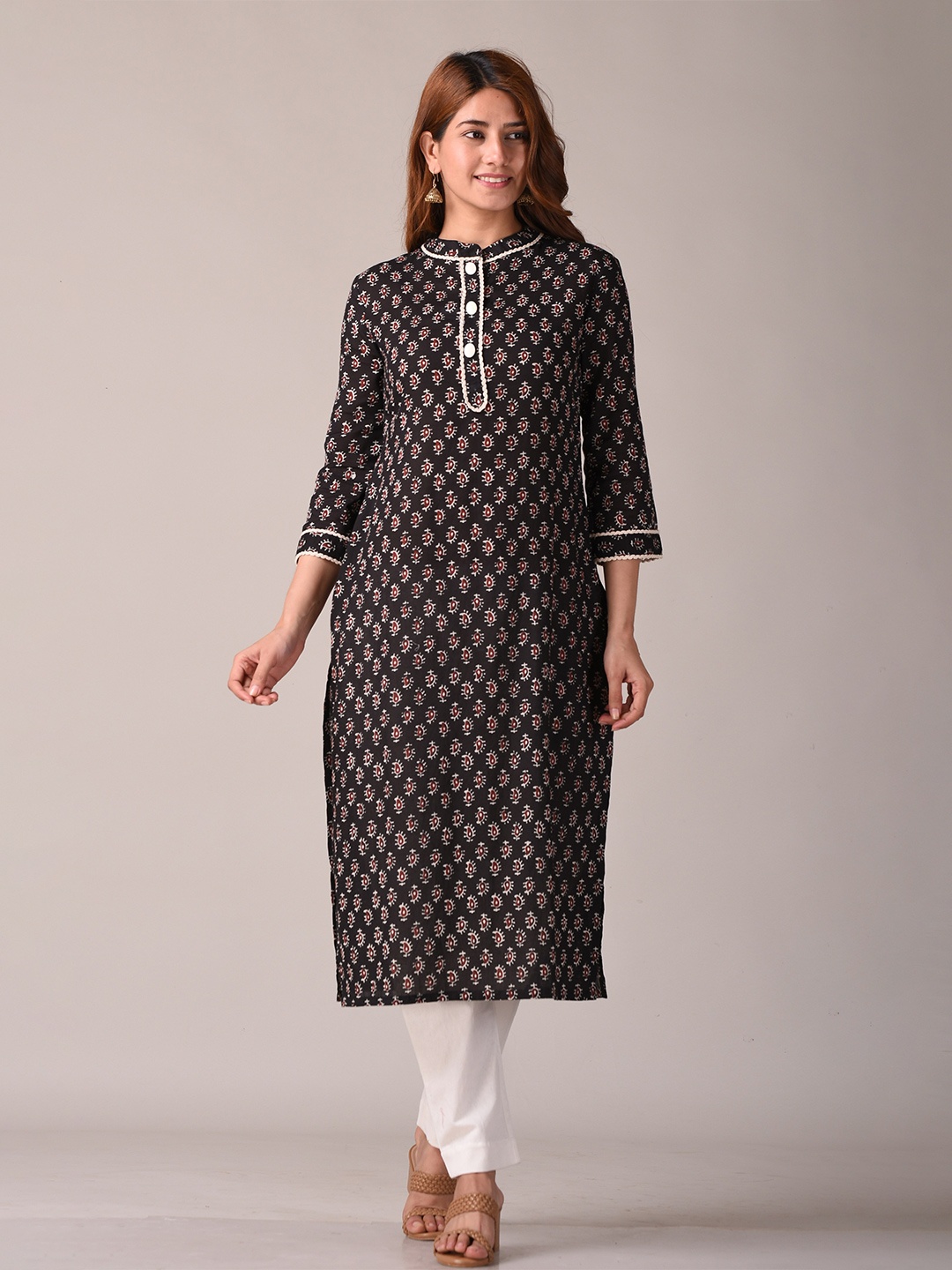 

KANNAHI Women Ethnic Motifs Printed Cotton A-line Kurta, Black