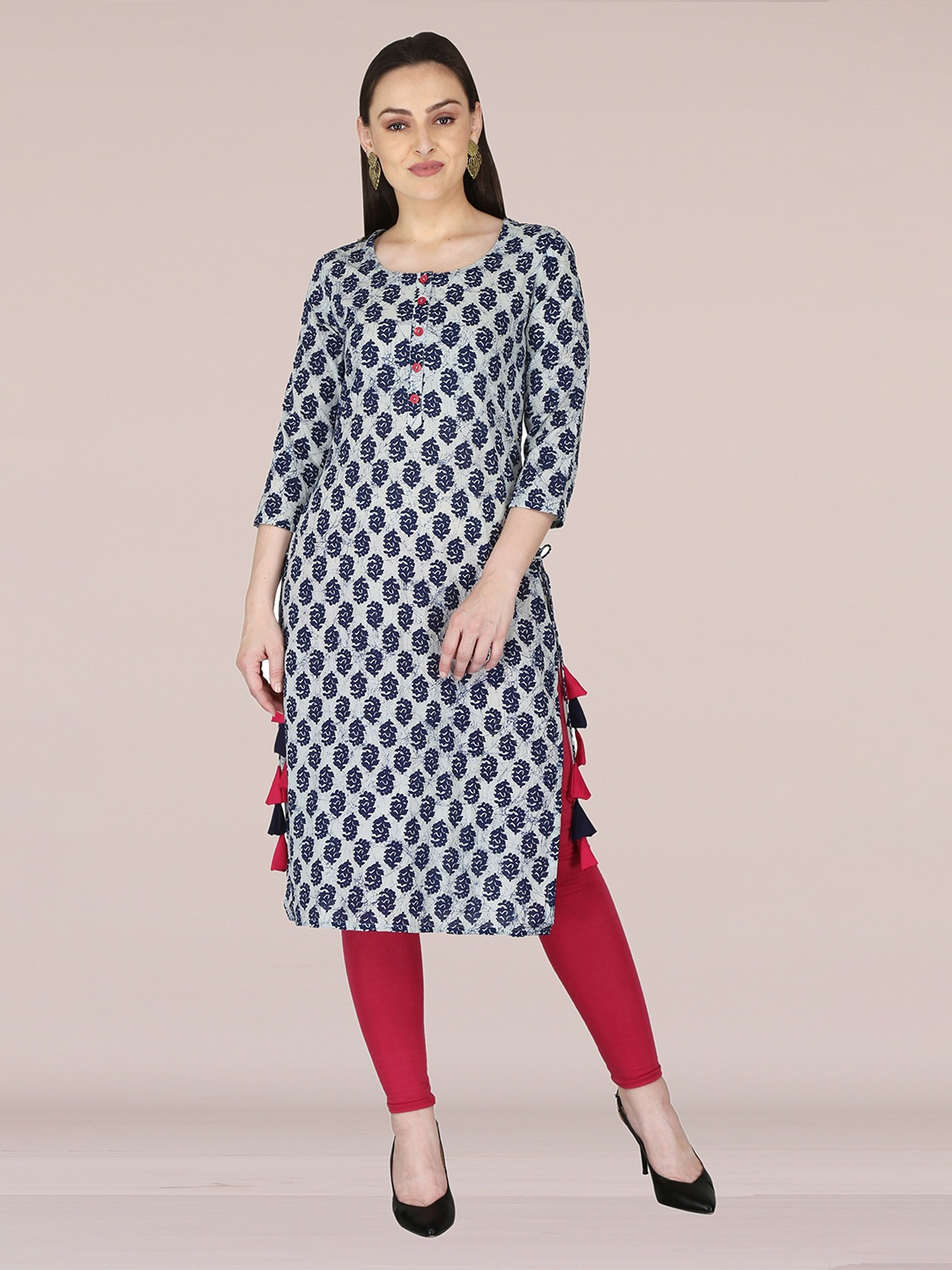 

KANNAHI Women Ethnic Motifs Printed Cotton Straight Kurta, Navy blue