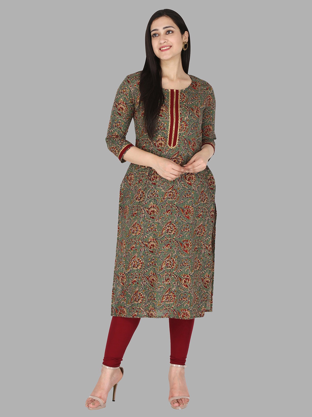 

KANNAHI Women Floral Printed Pure Cotton Straight Kurta, Green