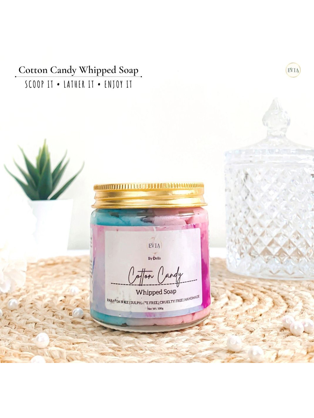 

EVIA Cotton Candy Whipped Soap with Aloe Vera Extracts for Moisturized Skin - 100g, Multi