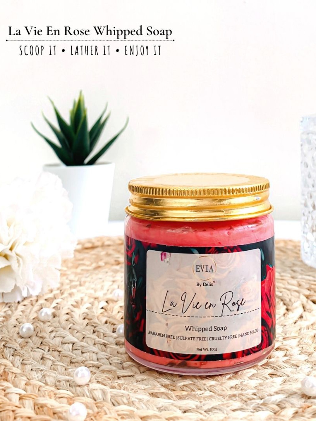 

EVIA La Vie En Rose Whipped Soap with Ylang Ylang Essential Oil for Glowing Skin - 100g, Red