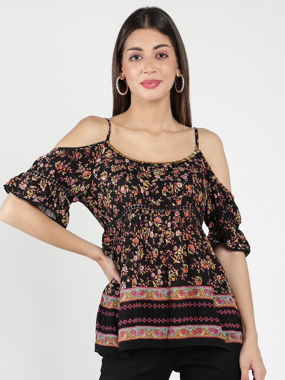 

DEBONATELLA Black Floral Printed Crepe Top