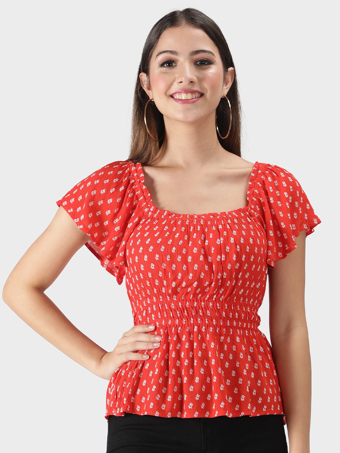 

DEBONATELLA Coral Floral Print Smocked Crepe Cinched Waist Top