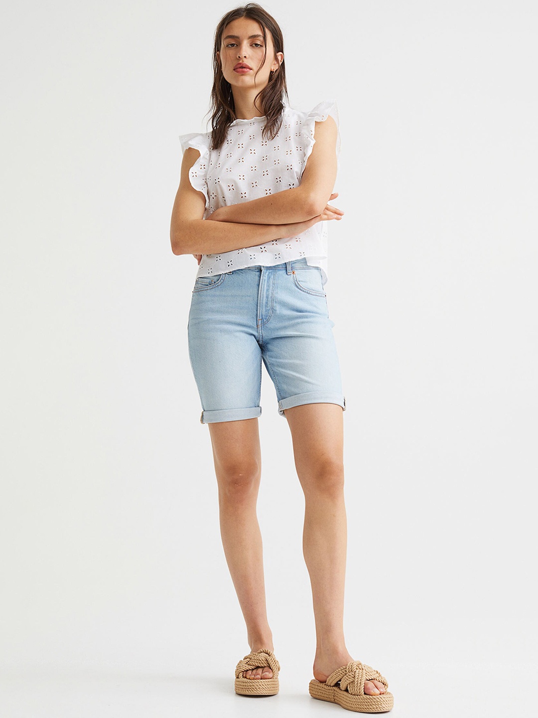 

H&M Women Blue Solid High Waist Denim Shorts