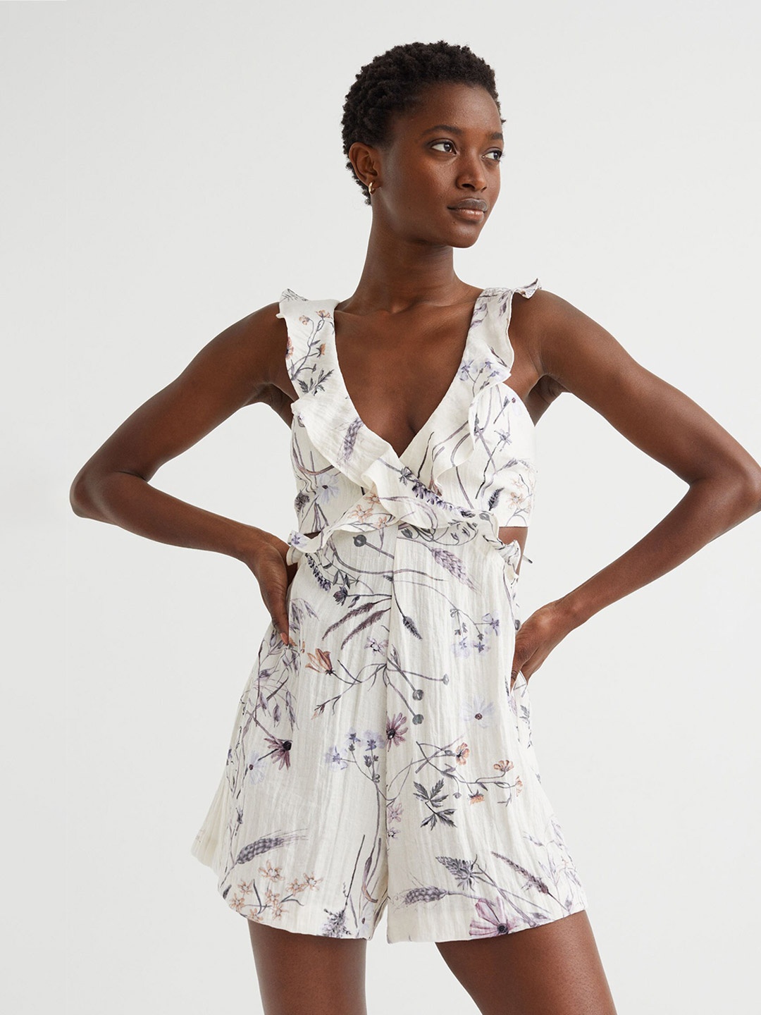 

H&M Women White Flounce-Trimmed Patterned Playsuit