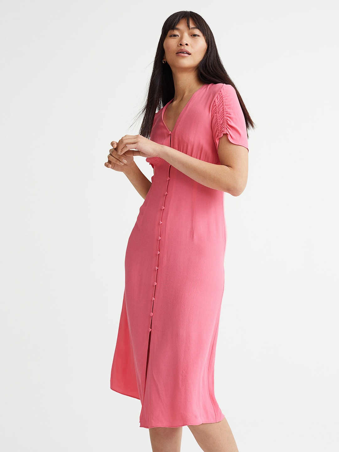 

H&M Women Pink Solid Button-Front A-Line Dress With Gathered Detailing