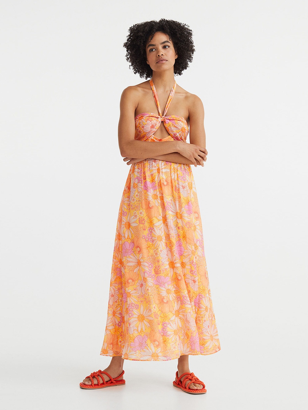 

H&M Women Orange Long Halterneck Dress