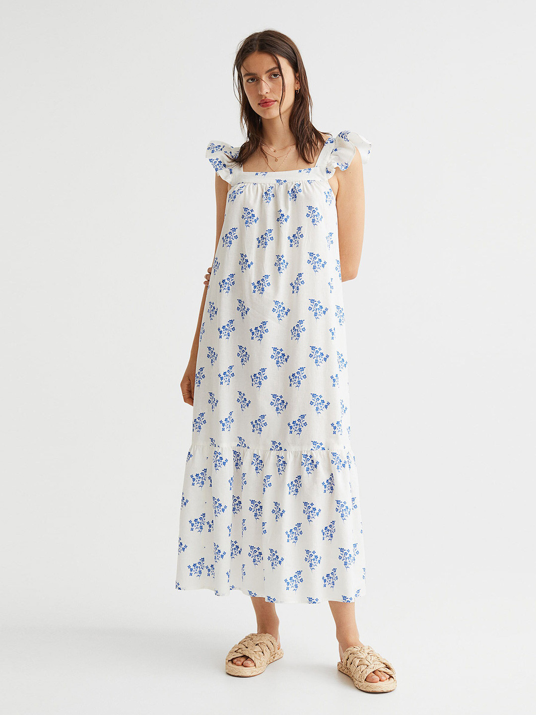 

H&M White & Blue Floral Printed Seersucker Dress