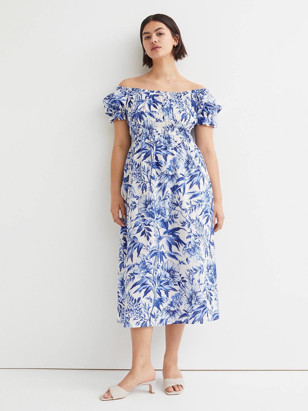 

H&M Women Blue & White Off-The-Shoulder Cotton Dress