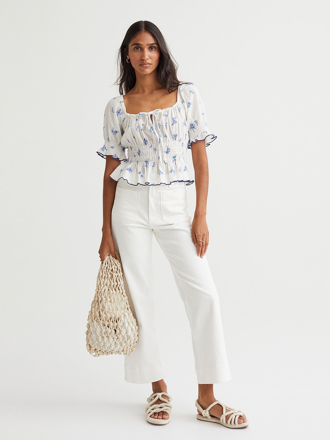 

H&M White Floral Print Peplum 100% Cotton Top