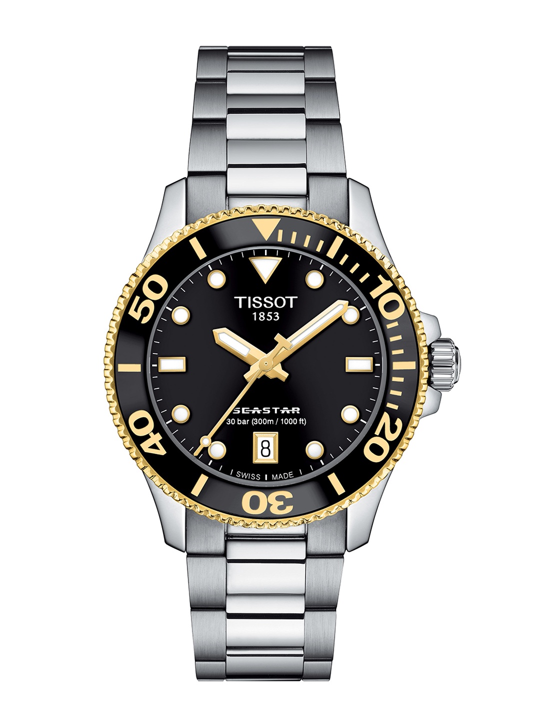 

TISSOT Unisex Black Embellished Dial & Stainless Steel Bracelet Style Straps Analogue Watch T1202102105100