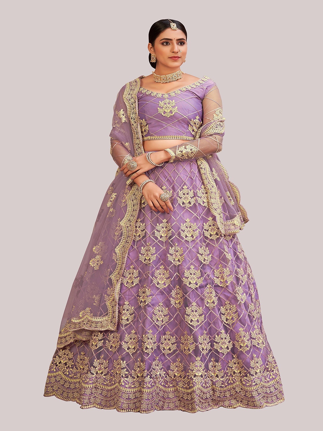 

Atsevam Purple & Gold-Toned Embroidered Thread Work Tie and Dye Semi-Stitched Lehenga & Unstitched Blouse