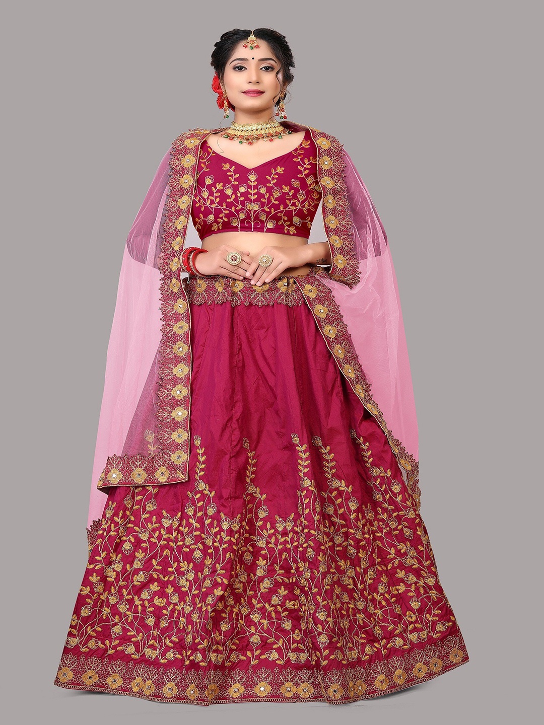 

Atsevam Fuchsia Pink & Gold-Toned Embroidered Semi-Stitched Lehenga Choli