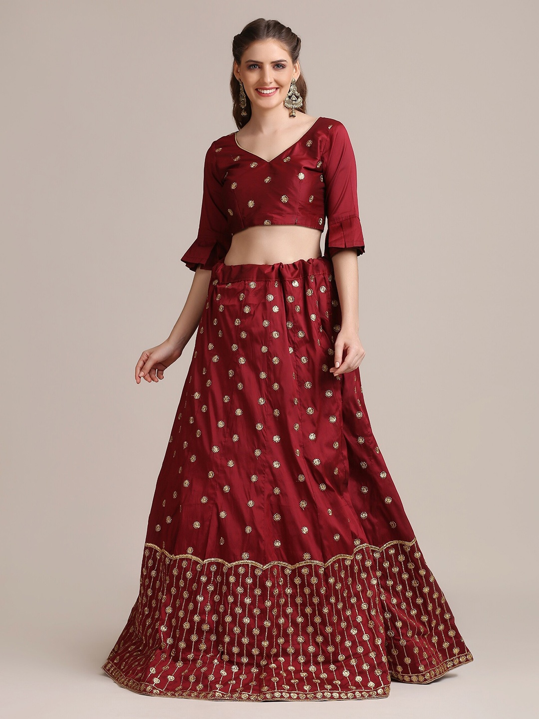 

Atsevam Maroon & Gold-Toned Embroidered Thread Work Semi-Stitched Lehenga & Unstitched Blouse With Dupatta