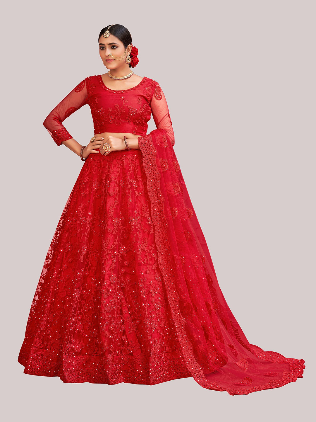 

Atsevam Red Embroidered Thread Work Semi-Stitched Lehenga & Unstitched Blouse With Dupatta