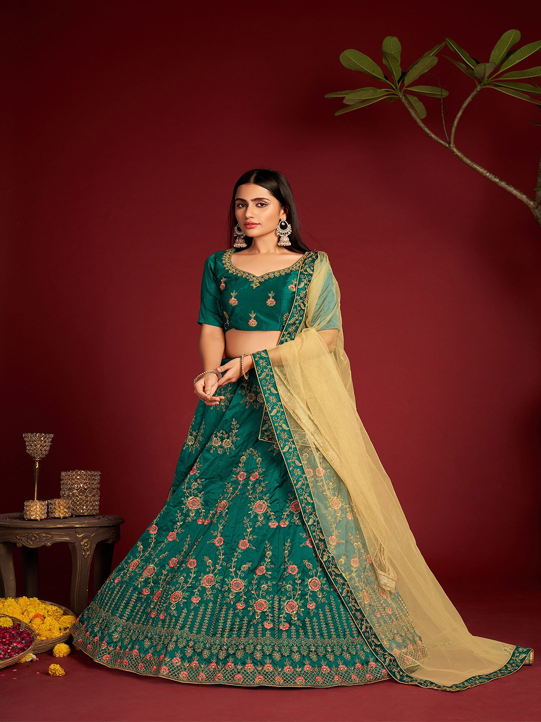 

Atsevam Green & Beige Embroidered Thread Work Semi-Stitched Lehenga & Unstitched Blouse