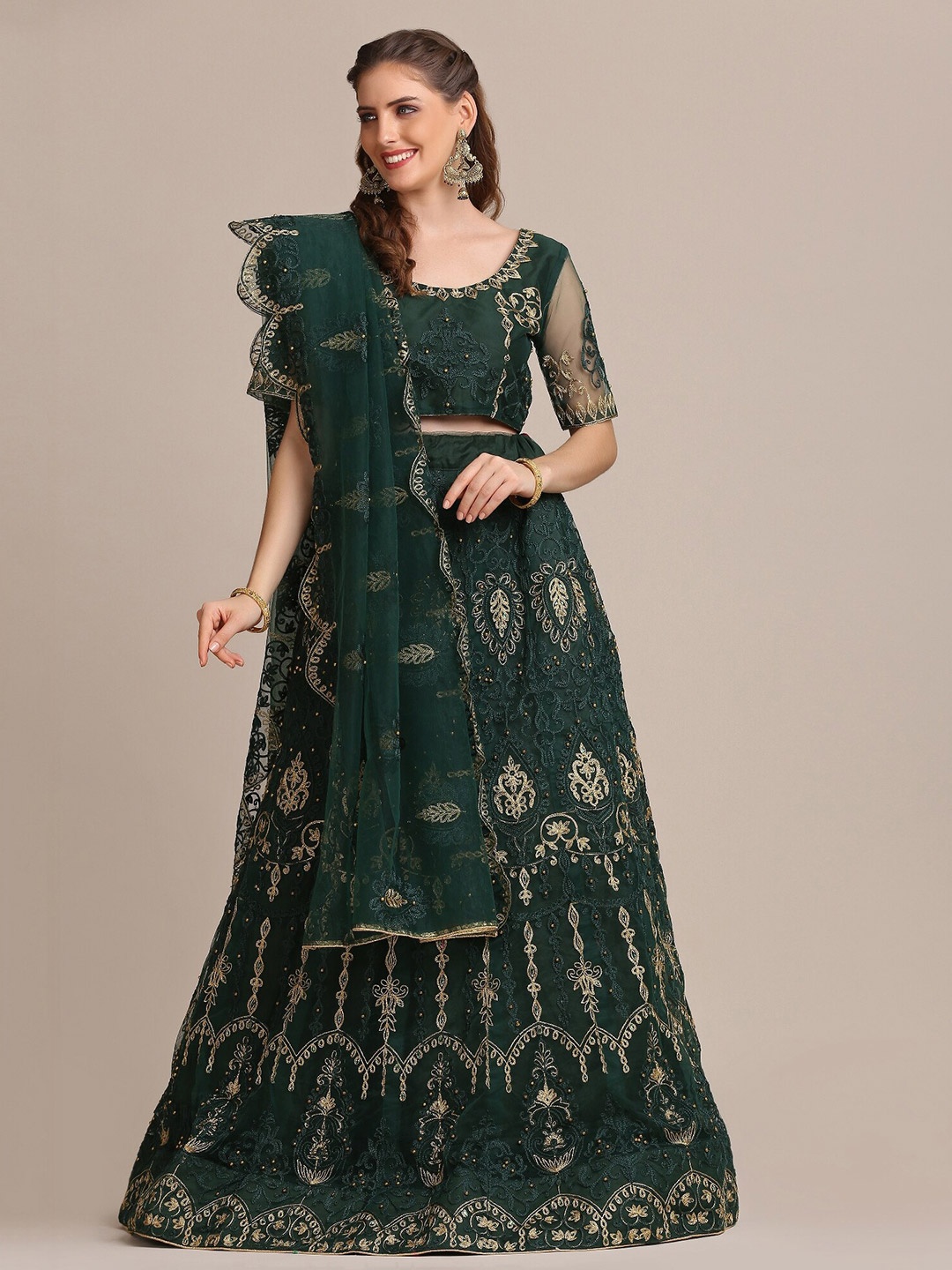 

Atsevam Green & Gold-Toned Embroidered Thread Work Semi-Stitched Lehenga & Unstitched Blouse With Dupatta