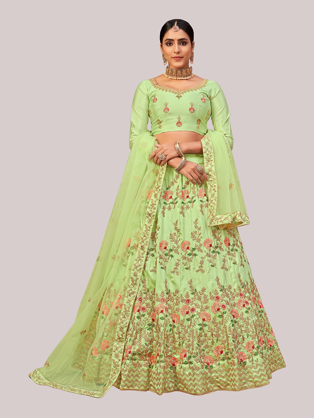 

Atsevam Lime Green & Pink Embroidered Thread Work Semi-Stitched Lehenga & Unstitched Blouse With Dupatta