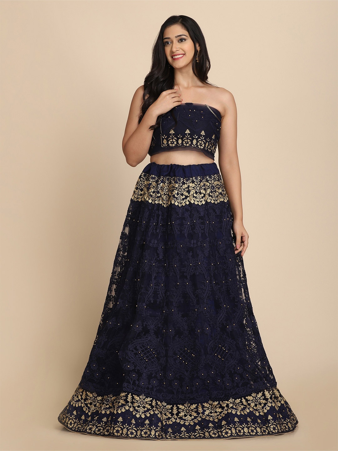 

Atsevam Blue & Gold-Toned Embroidered Thread Work Tie and Dye Semi-Stitched Lehenga & Unstitched Blouse With