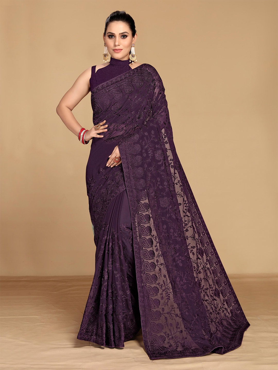 

VAIRAGEE Purple Floral Embroidered Saree