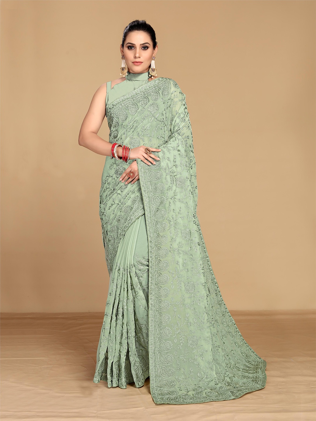 

VAIRAGEE Olive Green Ethnic Motifs Embroidered Saree