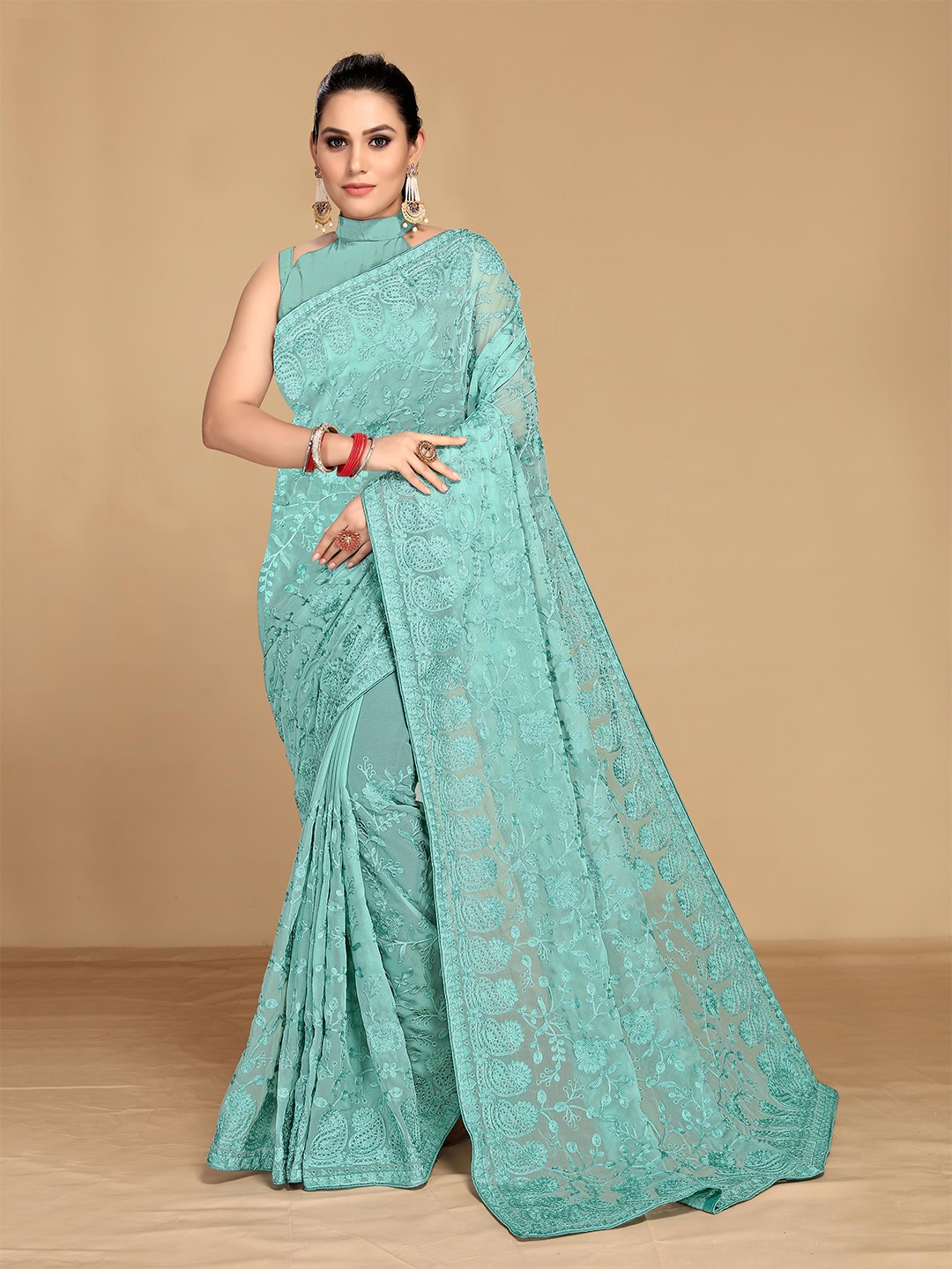 

VAIRAGEE Turquoise Blue Ethnic Motifs Embroidered Saree