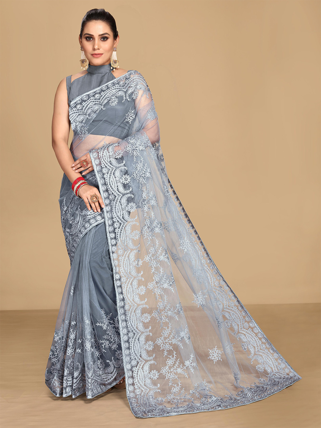

VAIRAGEE Grey Floral Embroidered Net Saree