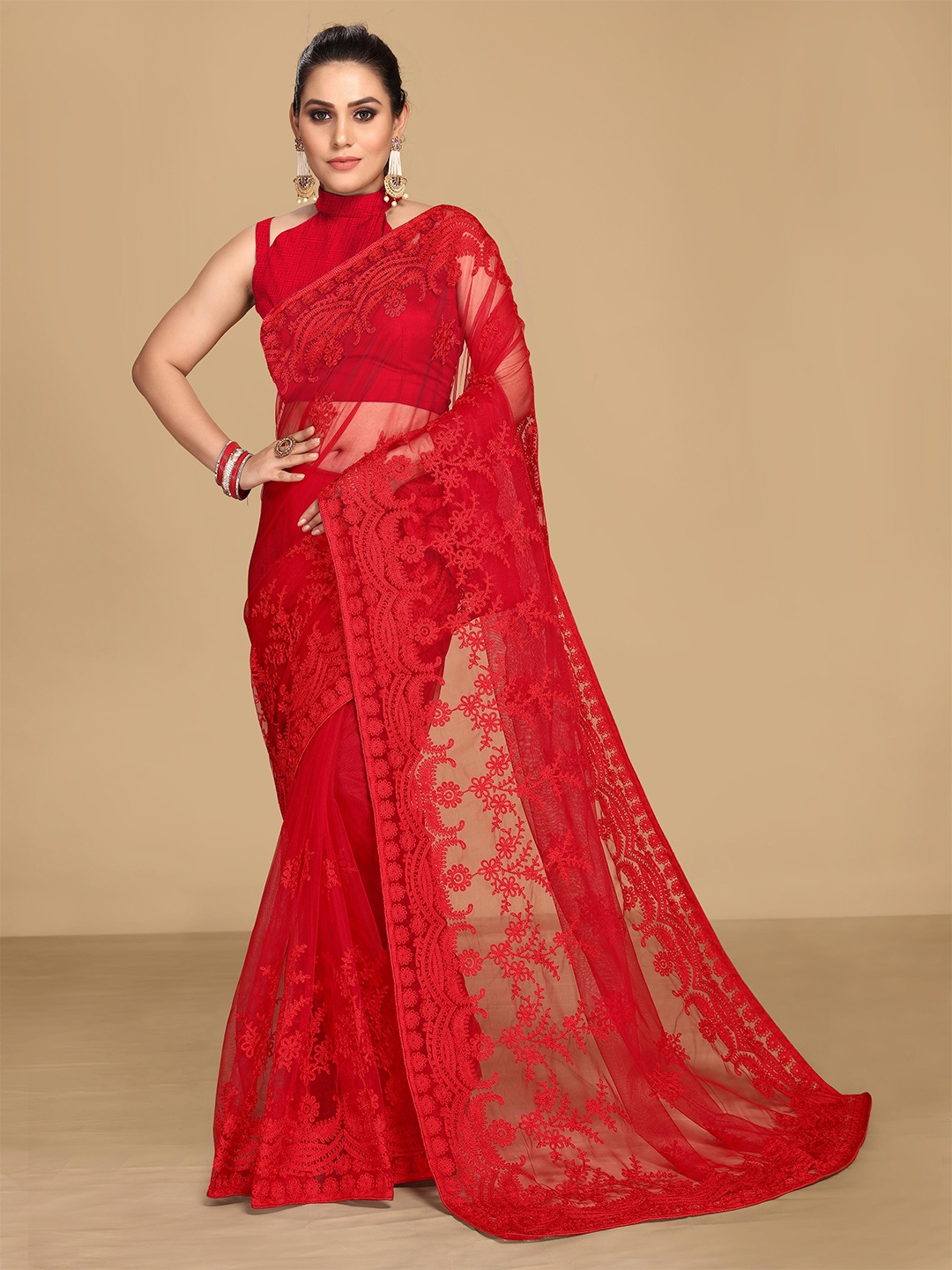 

VAIRAGEE Red Floral Embroidered Net Saree