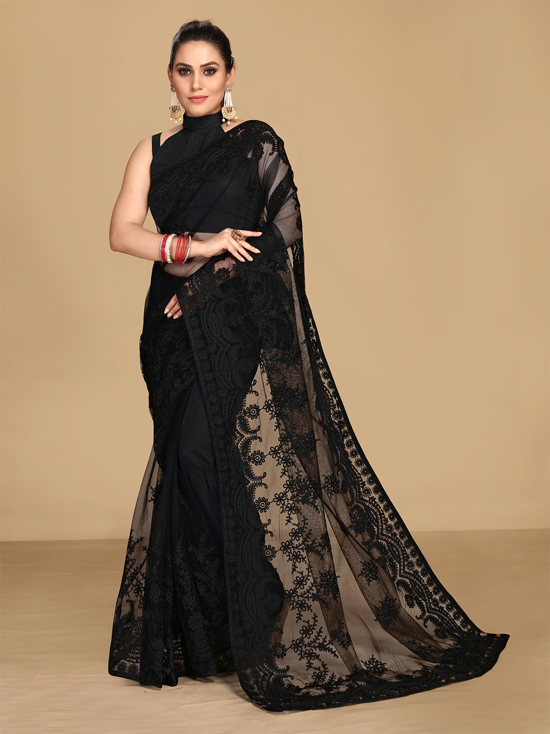 

VAIRAGEE Black Embellished Embroidered Net Saree