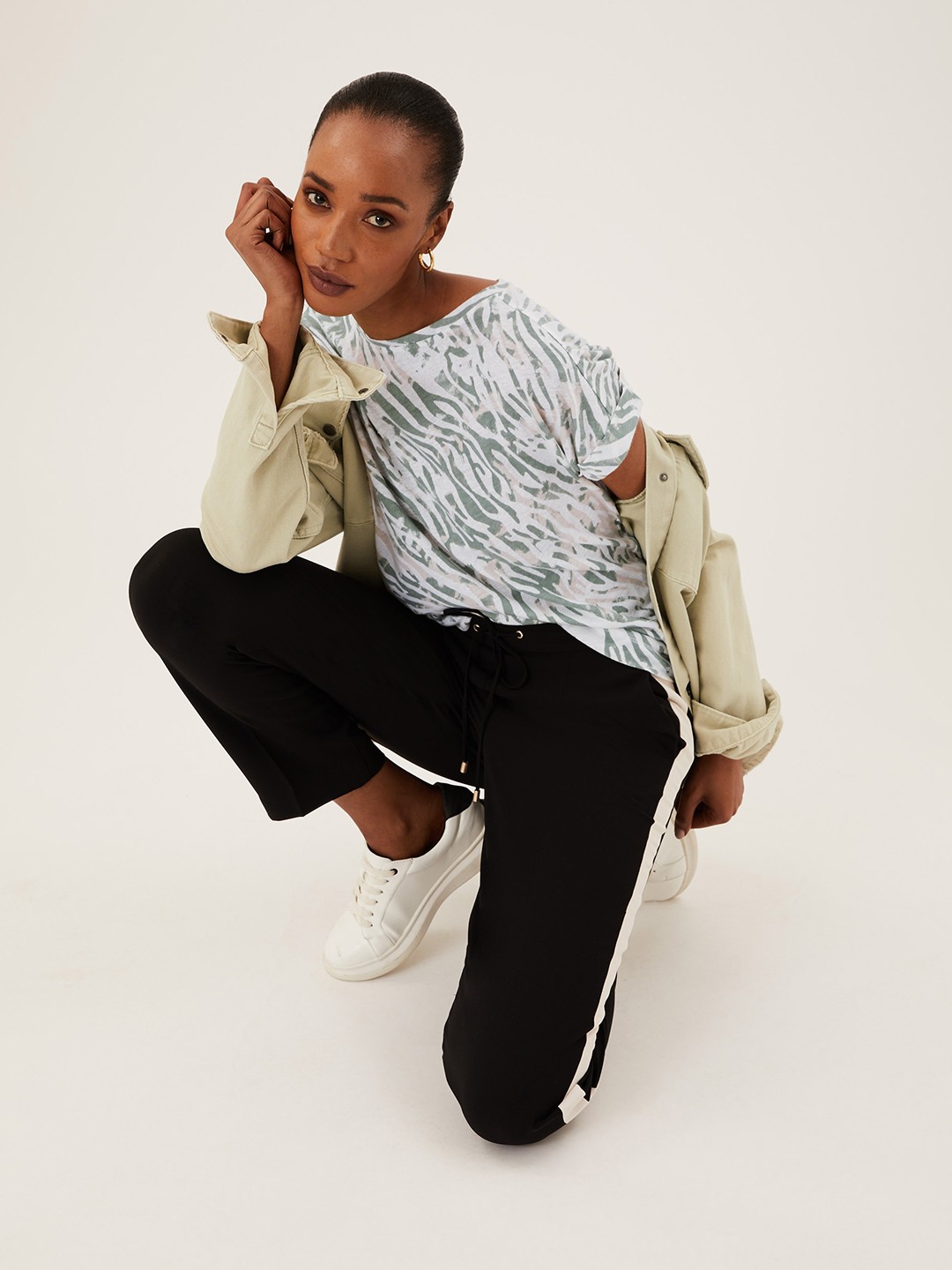 

Marks & Spencer Women Off White & Khaki Printed T-shirt