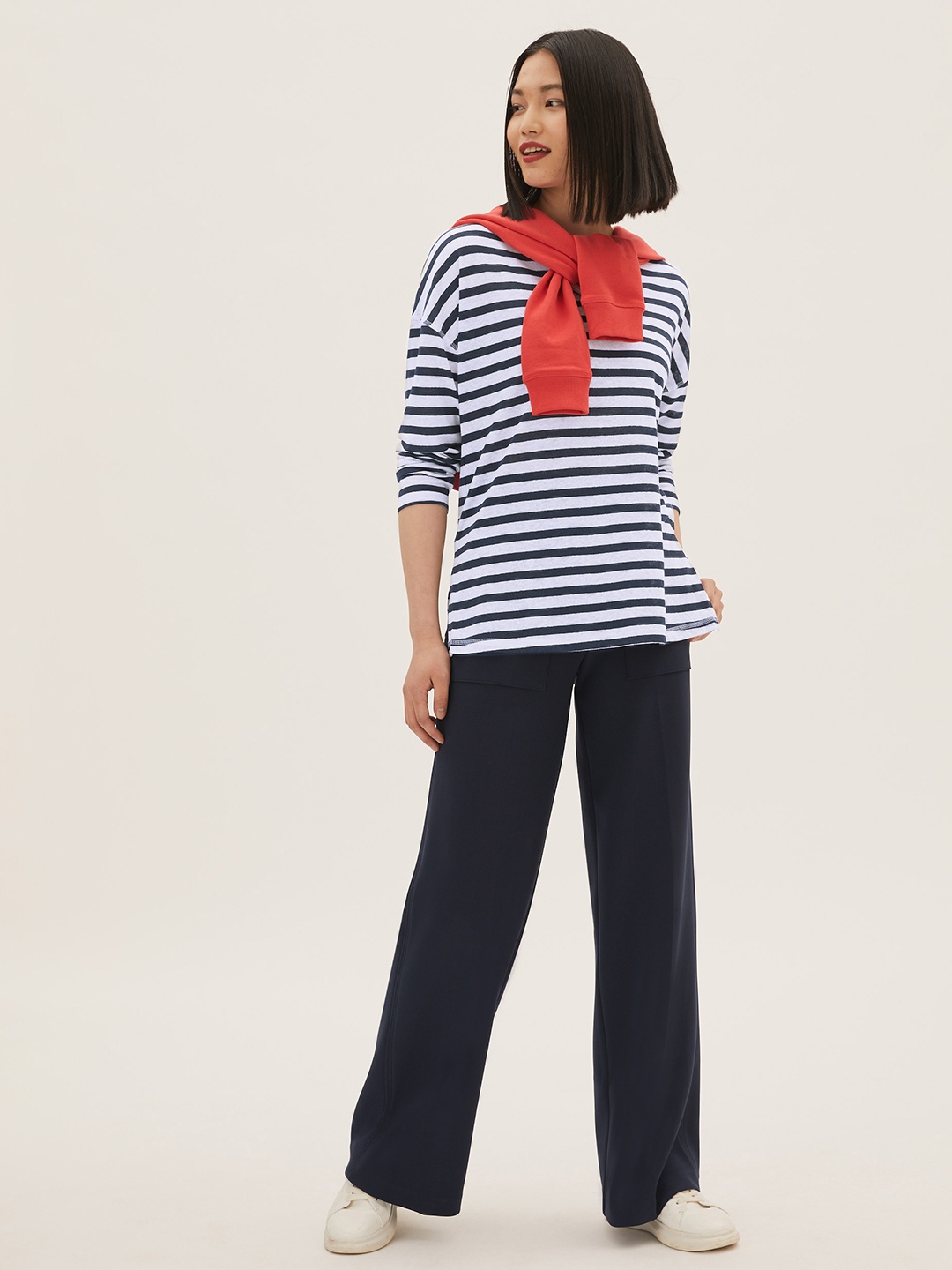 

Marks & Spencer Women White Striped V-Neck T-shirt