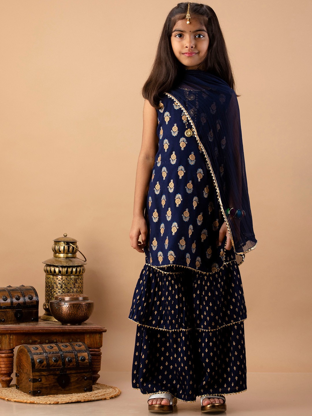 

misbis Girls Blue Ethnic Motifs Printed Kurti with Sharara & With Dupatta