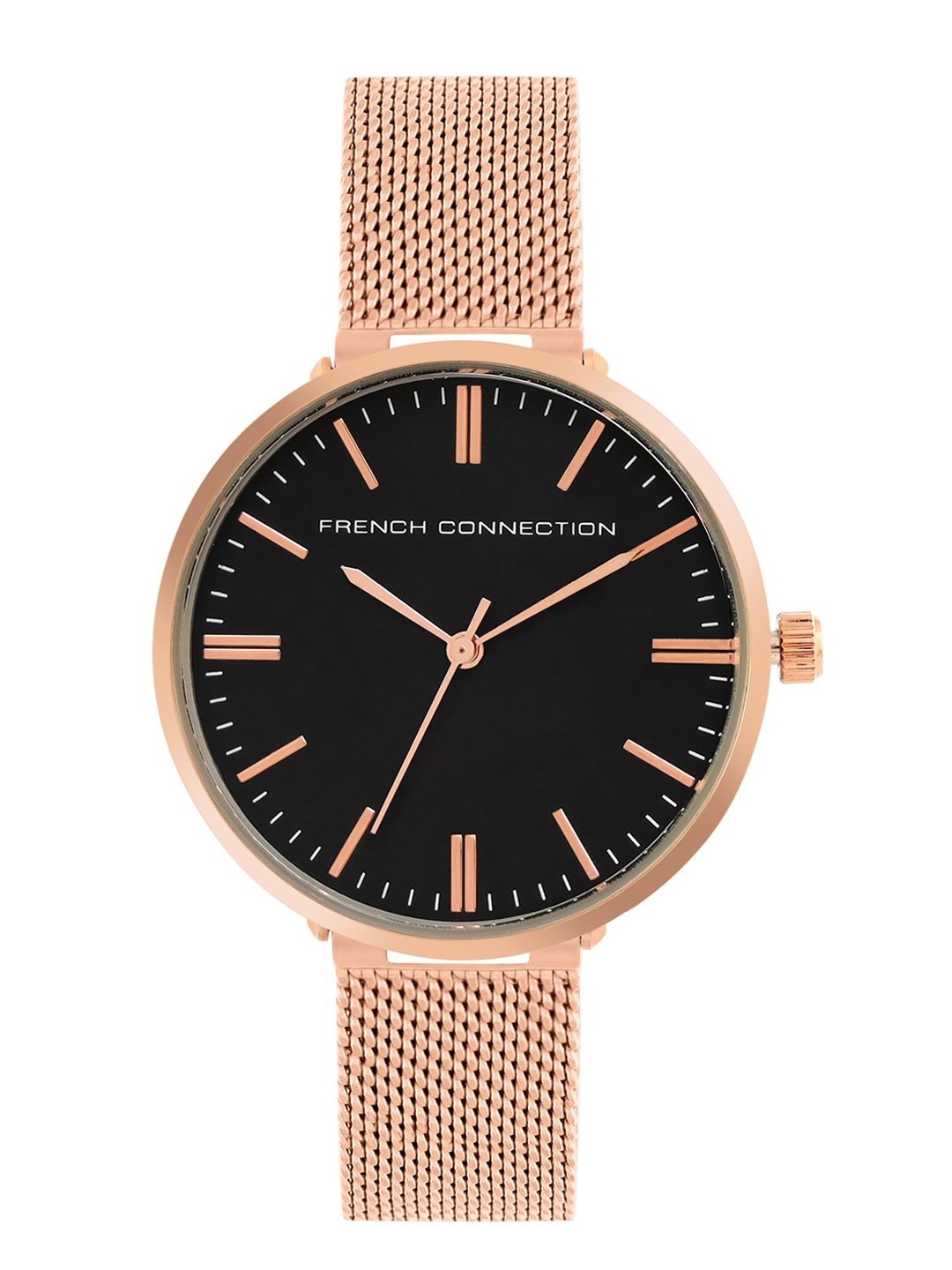 

French Connection Women Black Dial & Rose Gold Toned Stainless Steel Bracelet Style Straps Analogue Watch