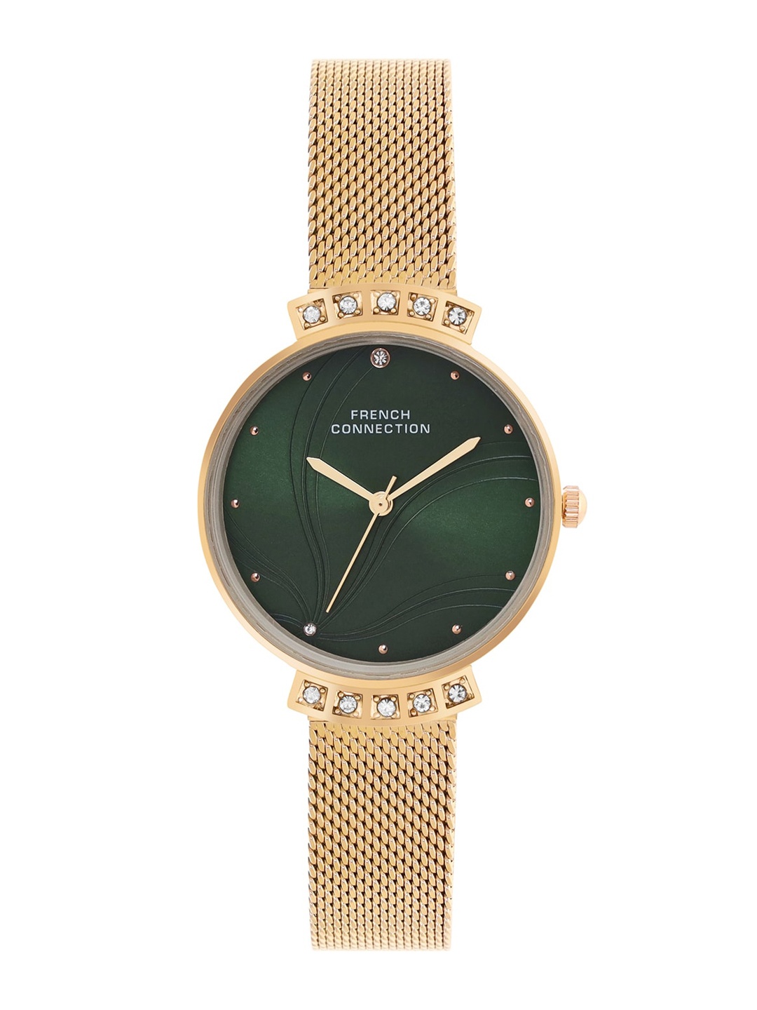 

French Connection Women Green Embellished Dial & Gold Toned Stainless Steel Bracelet Style Straps Analogue Watch