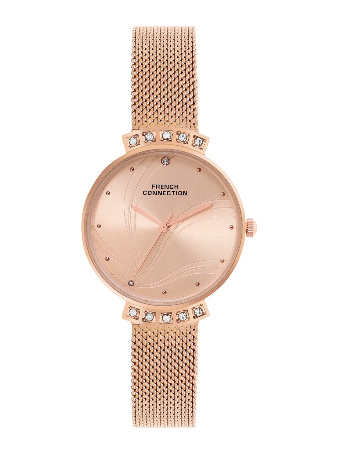 

French Connection Women Rose Gold-Toned Embellished Dial & Rose Gold Toned Stainless Steel Bracelet Style Watch FCN00032D