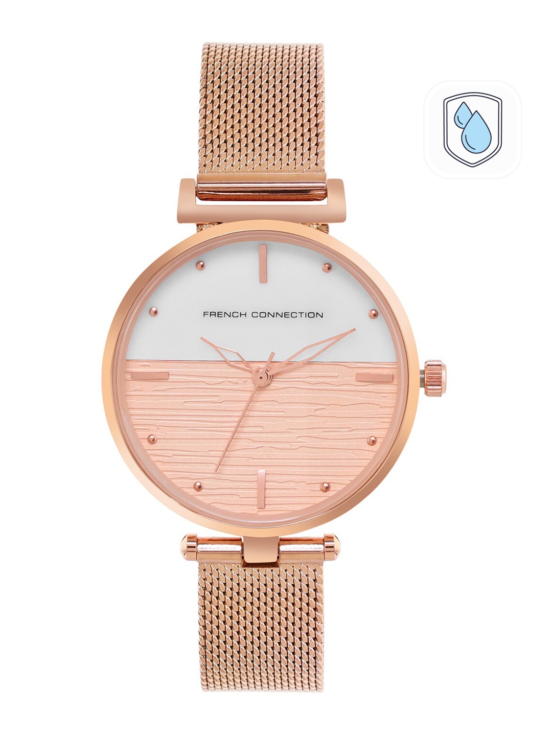 

French Connection Women Silver-Toned Dial & Rose Gold Toned Stainless Steel Bracelet Style Straps Analogue Watch