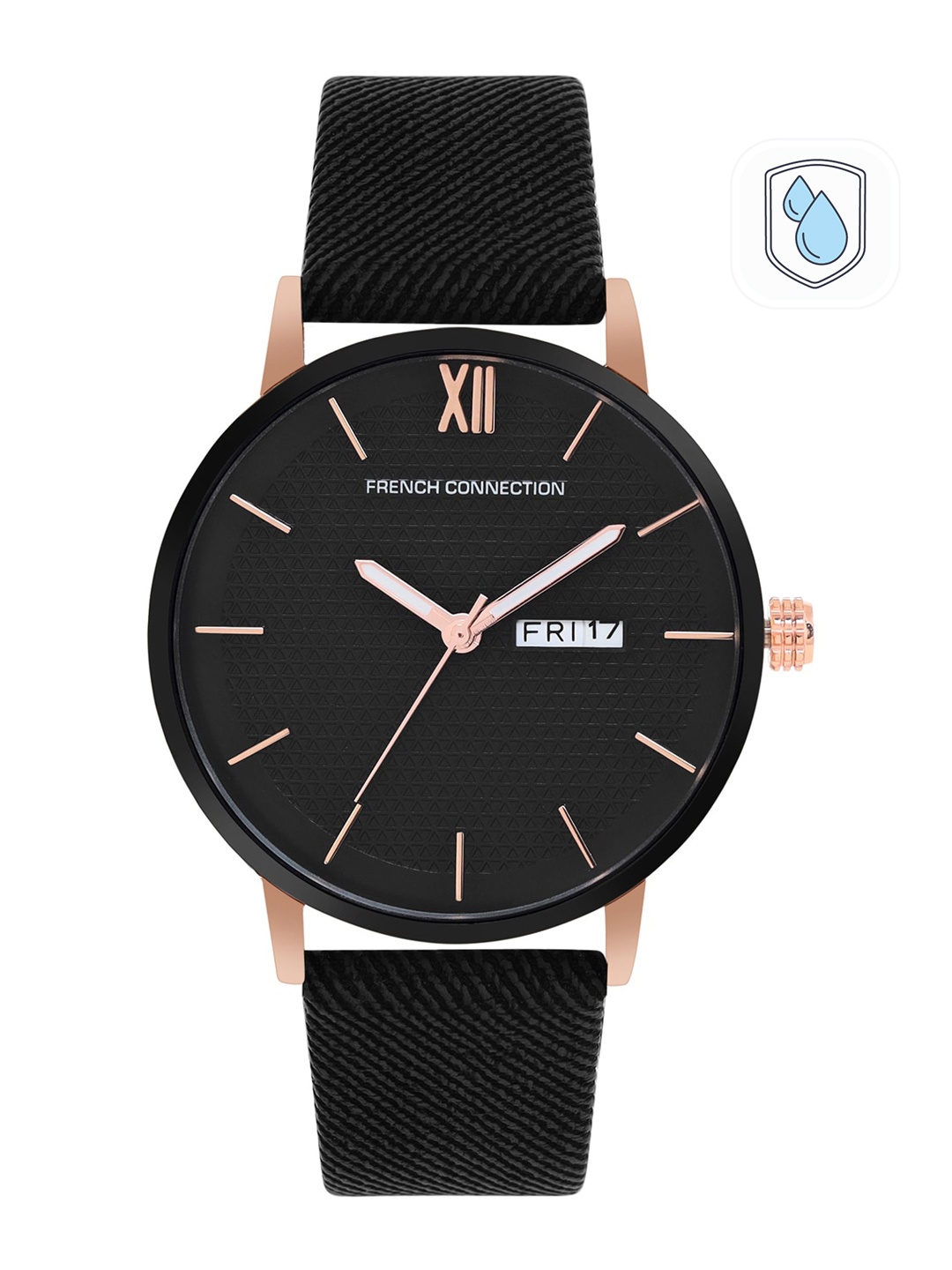 

French Connection Men Black Printed Dial & Black Leather Straps Analogue Watch FCN00034B